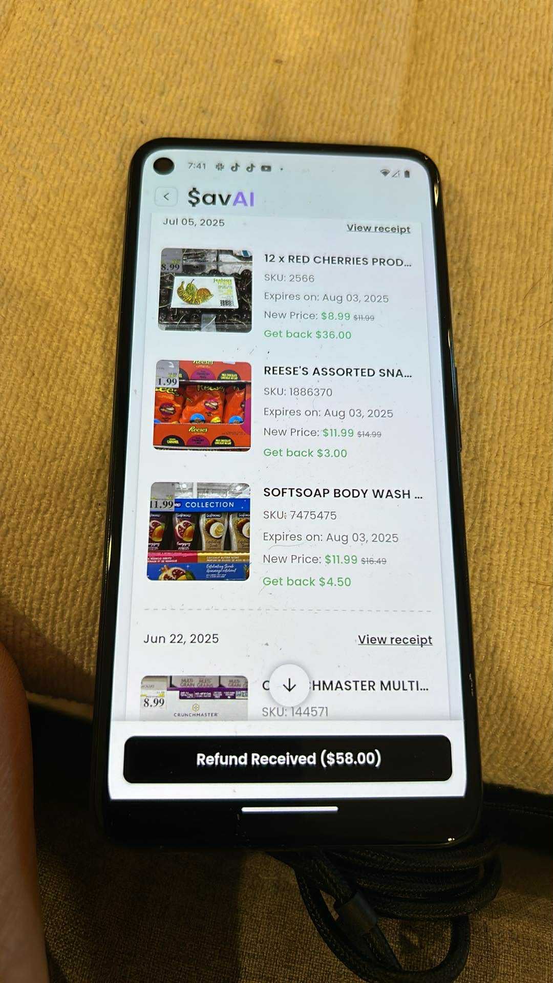 SavAI app showing $58 in eligible refunds